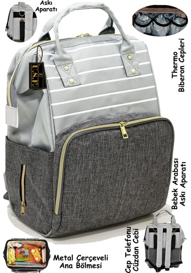 Bebek Bakım Çantası Gold Fermuarlı Sırt Çantası Açık Gri