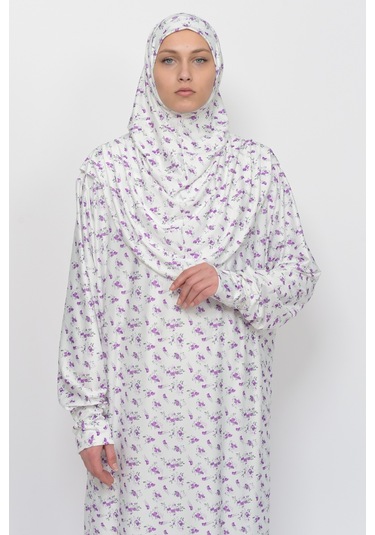 Pratik Tek Parça Çiçek Desenli Kollu Tak Çıkar Başörtülü Likralı Tesettür Namaz Elbisesi 990-0201 Mor Antrasit