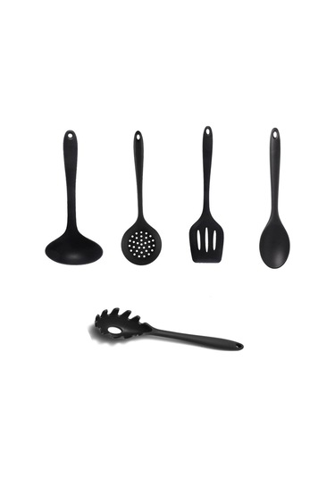 Qerhome 5 Parça Tamamı Silikon Yanmaz Yapışmaz Silikon Mutfak Seti Siyah