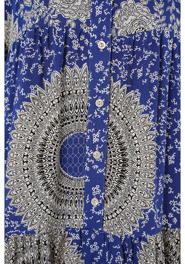 Gabria Ön Düğmeli Desenli Viskon Elbise Saks Mavi - Beyaz