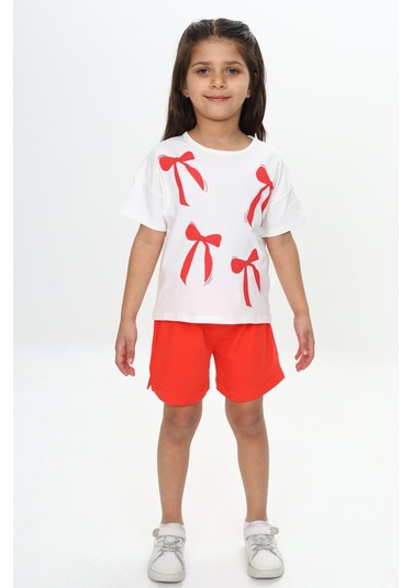 Toontoy Kız Çocuk Fiyonk Baskılı Şortlu Takım Nar Çiçeği