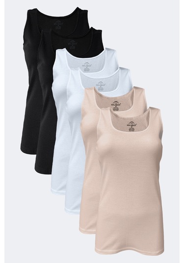 Malabadi Kadın Siyah Beyaz Ten 6 Lı Paket %100 Pamuk Ribana Kalın Askılı Atlet 106-e Siyah-beyaz-ten