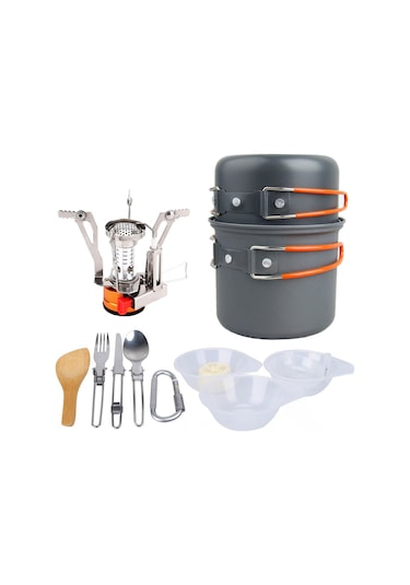 Yaozixa Kamp Tencere Seti 1-2 Kişilik, Fırınlı Çelik Beste, Taşınabilir Piknik Aletleri, Dayanıklı Ve Temizlenmesi Kolay, Turuncu Fırın Başlı Gümüş