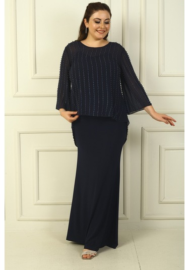 İçi İp Askılı Astarlı Uzun Sandy Elbise Arkası Düğmeli Boncuklu Şifon Bluz Büyük Beden 2'li Takım Lacivert