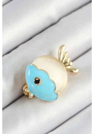 Mineli Turkuaz Ve Krem Balık Figürlü Gold Renk Kadın Broş - Tj-br454 Çok Renkli
