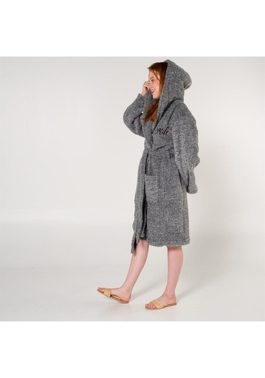 Uzun Welsoft Kapüşonlu Kadın Sabahlık Gri
