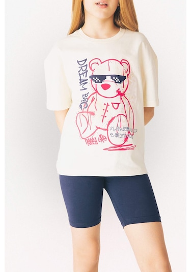 DeFacto Kız Çocuk Relax Fit Baskılı Bisiklet Yaka Kısa Kollu Tişört E0389A825SMER134 Ekru