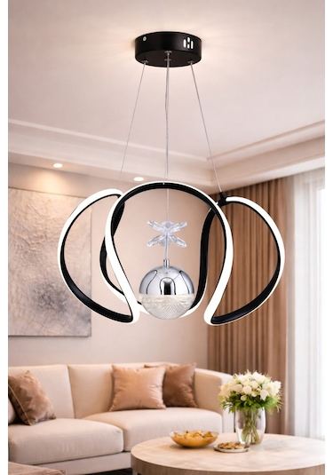 Elsa Tek Top Led Sarkıt Avize,siyah,3 Renk Yanabilen Led Avize, Modern Salon Oda Led Avize