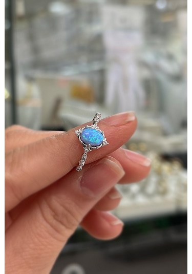 925 Ayar Gümüş Oval Mavi Opal Taşlı Vintage Yüzük Gümüş