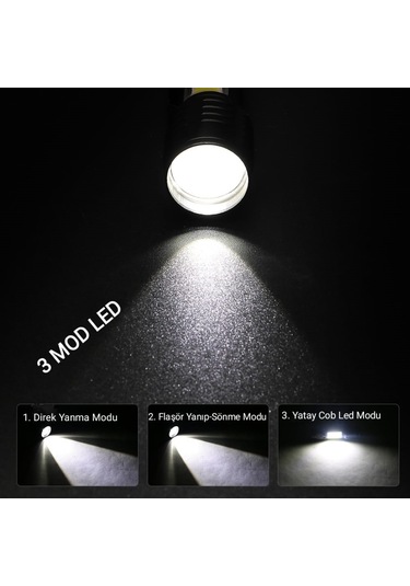 Çift Aydınlatmalı Güçlü Mini Boy Usb Şarjlı El Feneri 2000 Lümen Siyah