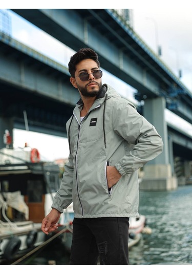 Erkek Kapüşonlu İçi Astarlı Fermuarlı Su Ve Rüzgar Geçirmez İnce Yağmurluk Buz - Su Yeşili