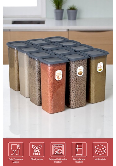 İronika 12'li Sızdırmaz Silikon Kapaklı Etiketli Jumbo Boy 1900 Ml Kare Erzak Bakliyat Saklama Kabı Antrasit Antrasit