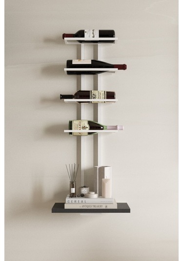 Aju Şaraplık Ve Kadeh Rafı Duvara Monte Şarap Mahzeni Modern Duvar Alkol Rafı Metal Ve Ahşap Tasarım Beyaz