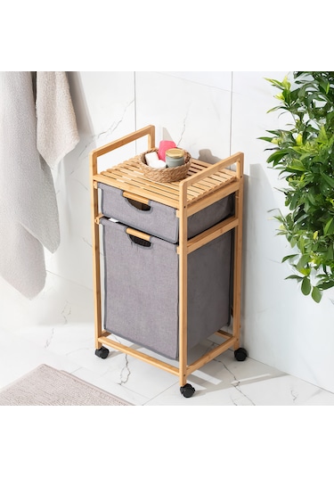Porsima 2064 2 Raflı Tekerlekli Ahşap Bambu Kirli Sepeti Ahşap