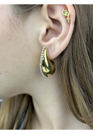 Zirkon Taşlı, Damla Bottega Model, Paslanmaz Çelik Küpe 402, Altın Renk Altın