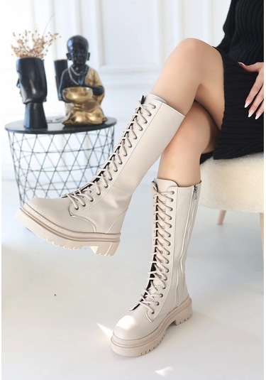 Mennd Bej Cilt Bağcıklı Kadın Çizme Bej