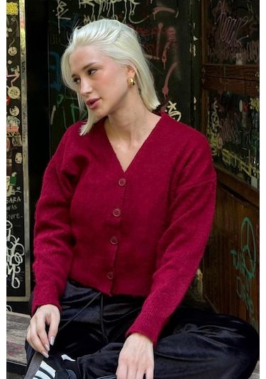 Bordo V Yaka Kadın Triko Hırka Mg2462 Bordo