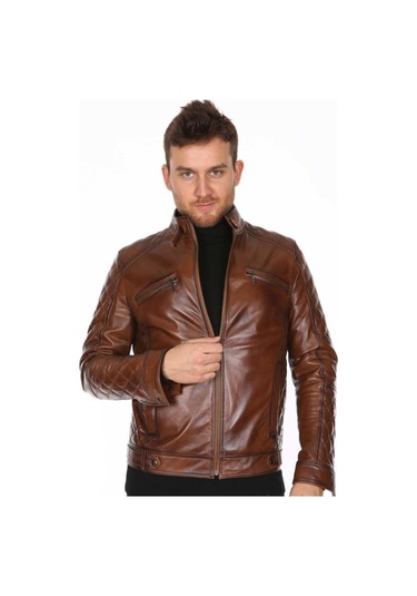 Hakiki Deri Kahverengi Neymar Omuz Kol Işlemeli Erkek Deri Ceket Kahverengi