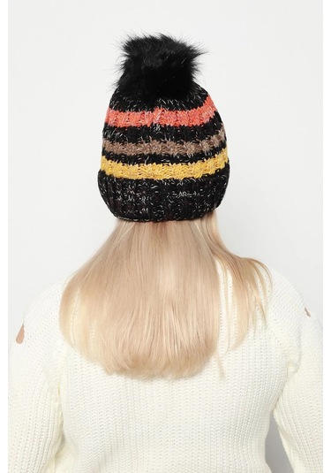 Ponpon Detay İçi Yünlü Renkli Örme Kadın Bere Rkş-23 Siyah Siyah