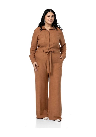 Büyük Beden Beli Tünelli Ve Arkadan Lastikli Geniş Paça Tarçın Tulum Tarçın