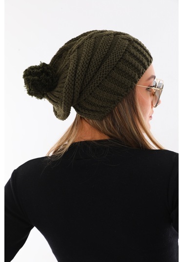 Kadın Kalın Haki Örgü Ponponlu Bere Haki