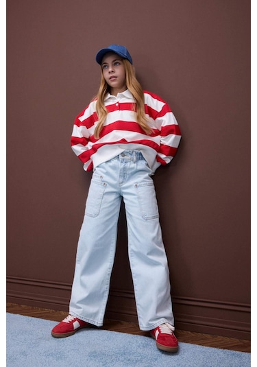 DeFacto Kız Çocuk Paperbag Kargo Geniş Paça Pamuklu Pantolon D7110A825SPNM63 Mavi