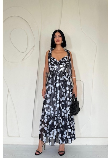 Siyah Şifon Drapeli Elbise Siyah