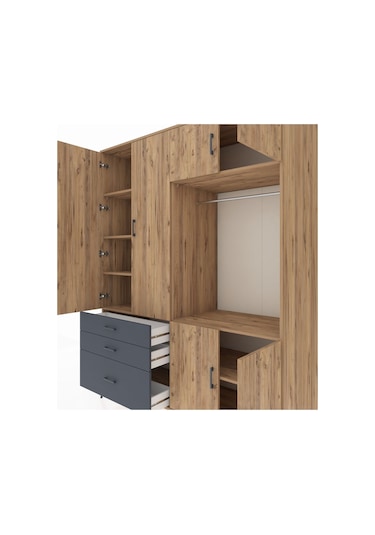 Kronos Gardrop 7 Raflı 3 Çekmeceli Tek Askılı 176x59x221 Çam-çam/antrasit Çam/antrasit