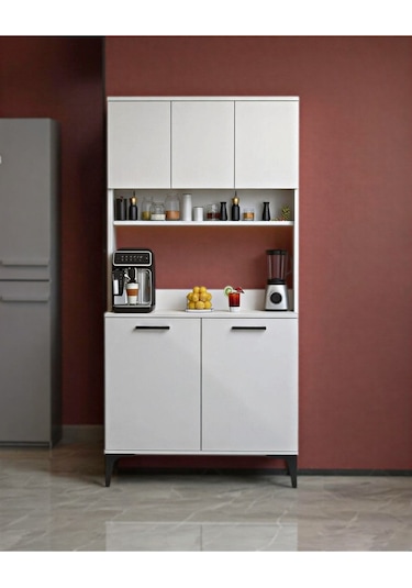 Glass 5 Kapaklı Çok Amaçlı Üst Raflı Dolap Beyaz
