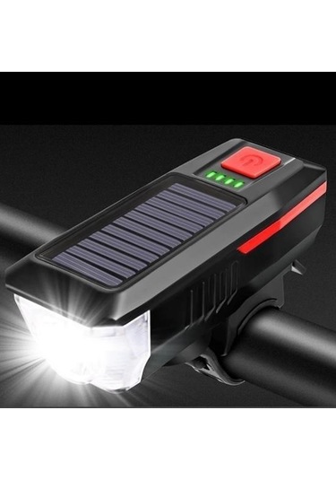 Buffer Solar Enerjili Usb İle Şarj Edilebilir Ledli Bisiklet Feneri Kornalı Ve Su Geçirmez Far Siyah