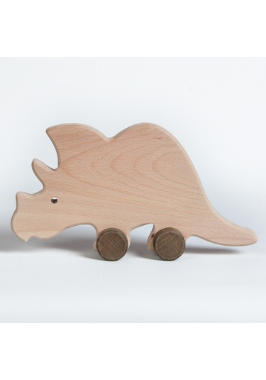 Ahşap El Yapımı Doğal Montessori Gergedan Tekerlekli Oyuncak