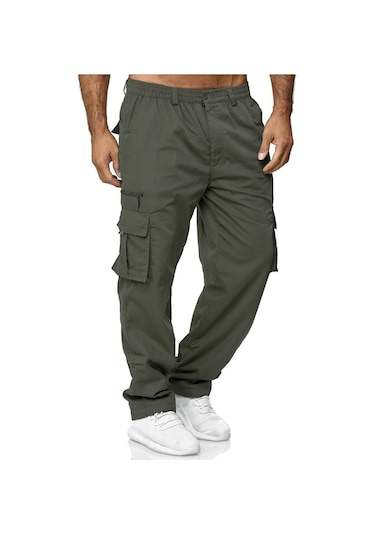 Erkek İlkbahar Ve Sonbahar Düz Paça Düz Renk Kargo Pantolon Günlük Çok Cepli Uzun Pantolon Bol Kesim Açık Hava Fitness Pantolonu Ordu Yeşili