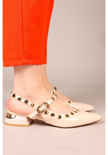 Feles Sarı Pul Detaylı Arkası Açık Kadın Babet Ayakkabı Ten