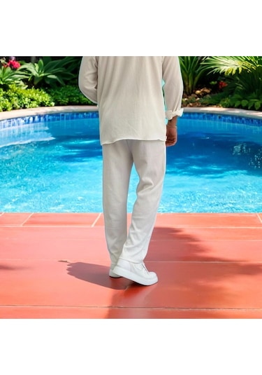 Erkek Bürümcük Krinkıl Kumaş Yazlık Likralı Apaj Yakalı Gömlek Ve Eşofman Takım Kombini Beyaz