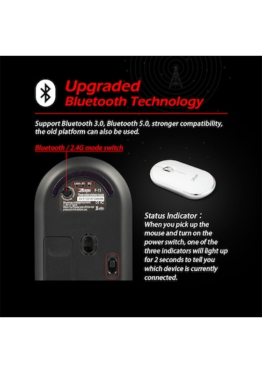 F-11 Üç Modlu Mini Kablosuz Bluetooth 2.4g 2400 Dpı Mouse Beyaz