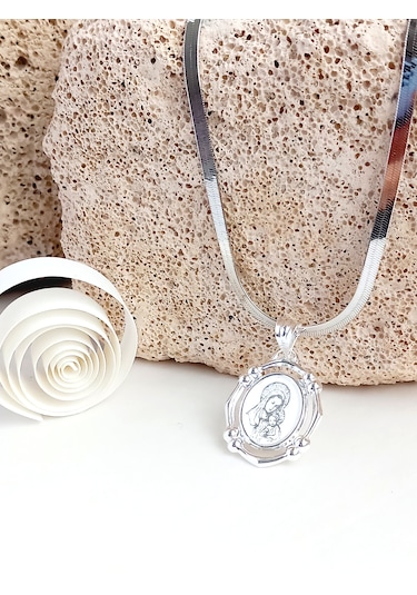 Gümüş Marıa Madalyon Tasarım Kolye Yılan Zincir Kadın Kolye