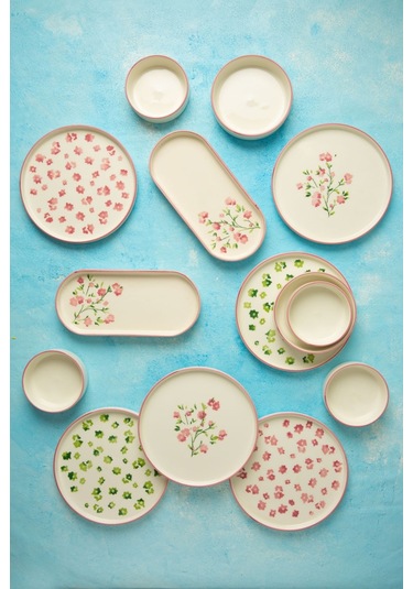 Kevin Seramik Berthe Çiçekli 14 Parça 6 Kişilik Kahvaltı Takımı Beyaz - Pembe