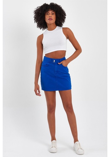 Kadın Çift Düğmeli Mini Kot Etek Saks-saks Saks Mavi
