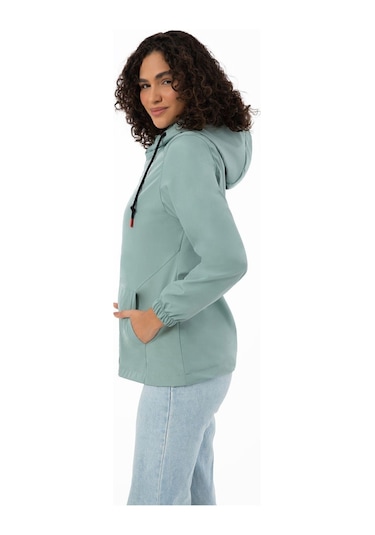 Kadın Astarlı Su Geçirmez Ve Rüzgara Dayanıklı Kapüşonlu İç Cepli Mevsimlik Yağmurluk Mint Yeşil