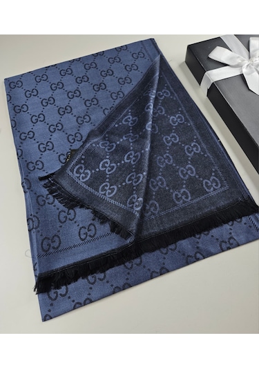 Miorel Scarfs G Desen Çift Taraflı Kaşmir İpek Şal 4 Mevsim Soft Pamuklu Şal Lacivert