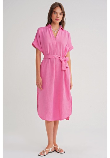 4720 Kadın Pile Detaylı Bağlamalı V Yaka Müslin Elbise Pembe Pembe