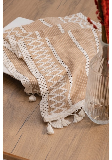 Vivamaison Pamuk Dantel Runner Masa Örtüsü 35 x 145 Sütlü Kahverengi