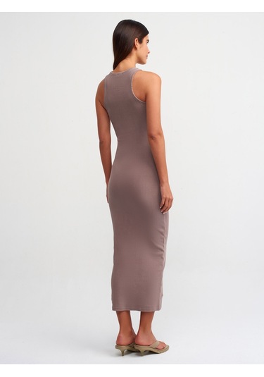 Dilvin Yıkama Efektli Midi Elbise Kahve Kahverengi