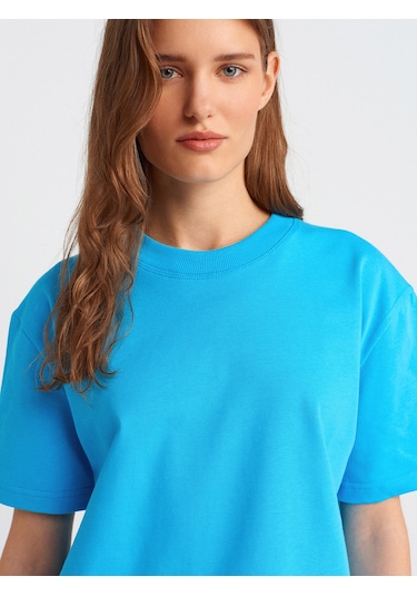 Dilvin 30312 Dekoratif Dikişli Bisiklet Yaka Tshirt-turkuaz Turkuaz