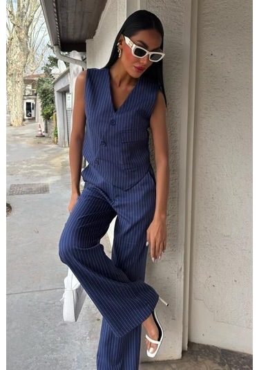 Yeleği Çapraz Detay Düğmeli Cepli Yelekli Takım 10150 Laci Vert