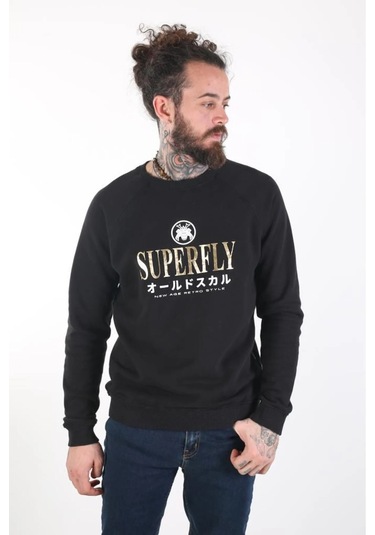 Superfly Erkek Sıfır Yaka Standart Kesim Siyah Sweatshirt 23177