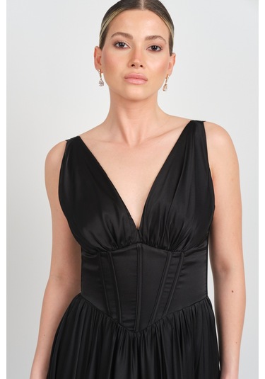 Doridorca Kadın Derin V Yaka Sırttan Bağlamalı Maxi Abiye Elbise 7091 Siyah Siyah