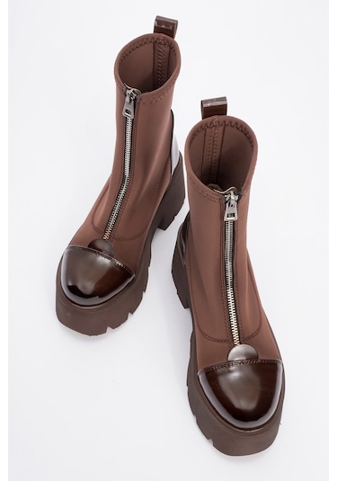 Luvishoes Joya Kahve Rugan Scuba Kalın Taban Kadın Bot Kahverengi