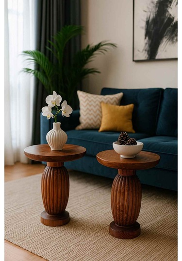 Doğal Masif Ahşap Yan Sehpa Seti 2 Li Meşe Renk Zigon Ve Fiskos Meşe