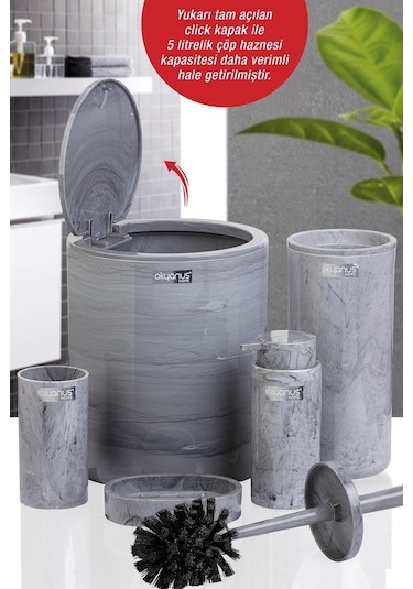 Okyanus Home Yuvarlak Mermer Desenli 5'Li Banyo Seti OKY-513 Gri